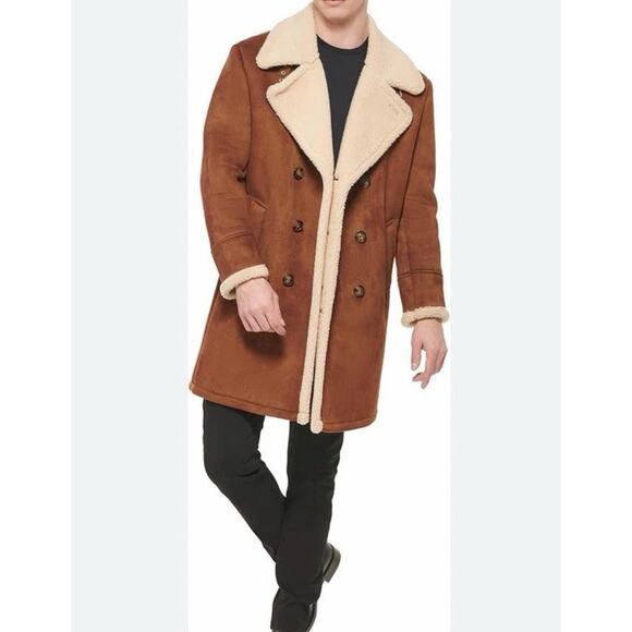 GUESS Mens Double Breasted Faux Shearling Overcoat Brown Medium - Picture 5 of 11